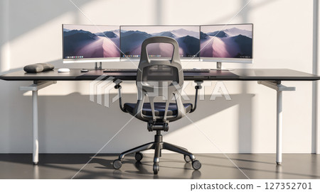 Modern home office interior with an ergonomic chair and long black desk featuring triple curved monitor computer setup 127352701