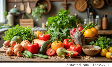 fresh organic vegetables and herbs on wooden kitchen counter. Concept for healthy lifestyle, vegetarian diet, and farm market. Fresh Farm Vegetables 127352705