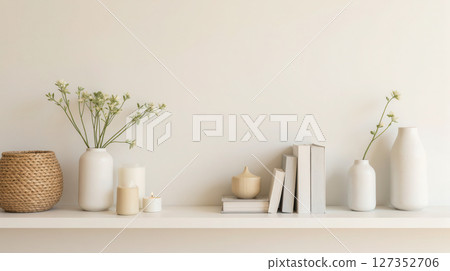Elegant white shelf adorned with decorative vases, natural woven basket, fresh green branches, subtle candles, stacked books, creating calming home decor 127352706