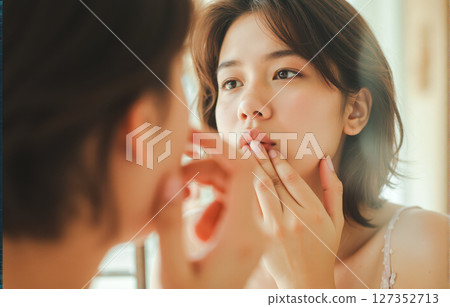 Young woman examining her skin closely in mirror, thoughtful expression, touching her face, checking for imperfections, daily skincare and beauty routine Young woman examining her skin closely in mirror, thoughtful expression, touching her face, checking for imperfections, daily skincare and beauty routine 127352713