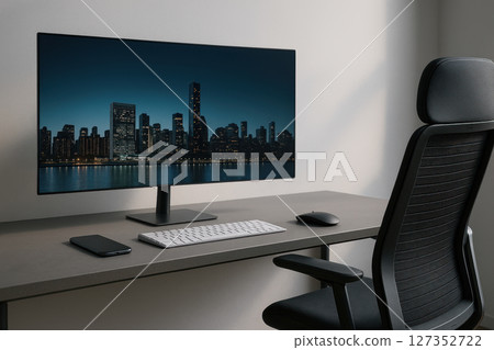 sleek office workspace with a large computer monitor showing a city skyline at night, perfect for focused corporate tasks 127352722