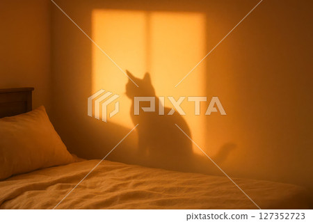 Shadow of cat cast on wall in cozy bedroom from morning sunlight through window, creating peaceful and warm home atmosphere 127352723