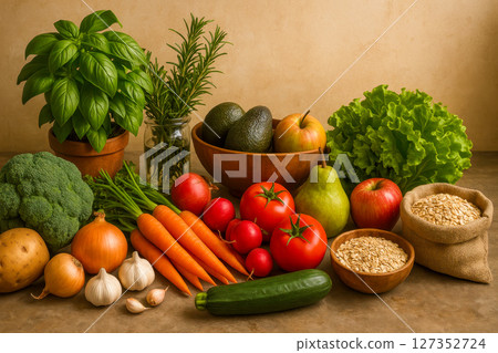Assortment of fresh vegetables, herbs, and grains on table. Concept for healthy food, clean eating, and balanced vegetarian diet 127352724