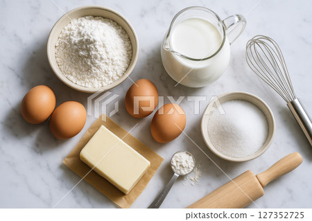 Top view of baking ingredients including flour, eggs, sugar, milk and butter on marble surface with kitchen baking utensils 127352725