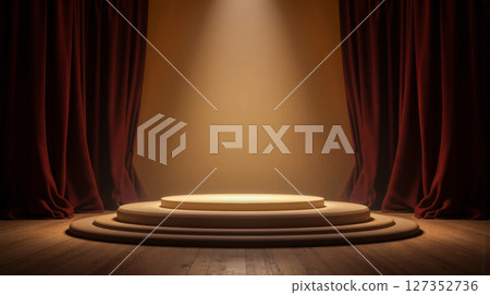 Stage with tiered podium, glowing spotlight, surrounded by deep red curtains, wooden floor, elegant setting for event, warm atmospheric lighting Stage with tiered podium, glowing spotlight, surrounded by deep red curtains, wooden floor, elegant setting for event, warm atmospheric lighting 127352736