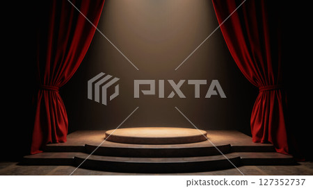 Red stage curtains with dramatic spotlight on wooden podium. Theater ambiance with luxurious red drapes, warm lighting, and classic presentation setting for performances. 127352737