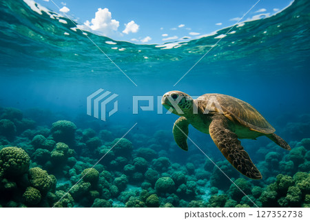 Underwater photo of green sea turtle swimming above coral reef in clear blue ocean, tropical marine life, nature conservation, biodiversity 127352738