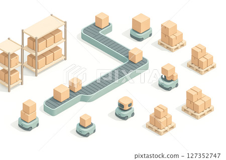 Isometric smart warehouse conveyor line zigzag layout with autonomous robots moving packages toward racks pallets modern logistics concept 127352747