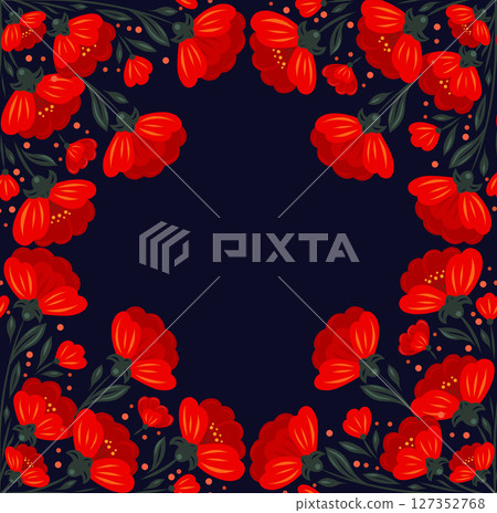Vector card with floral ornament with red poppies and copy space on dark blue background. Decorative folk art style invitation with red flowers Vector card with floral ornament with red poppies and copy space on dark blue background. Decorative folk art style invitation with red flowers 127352768