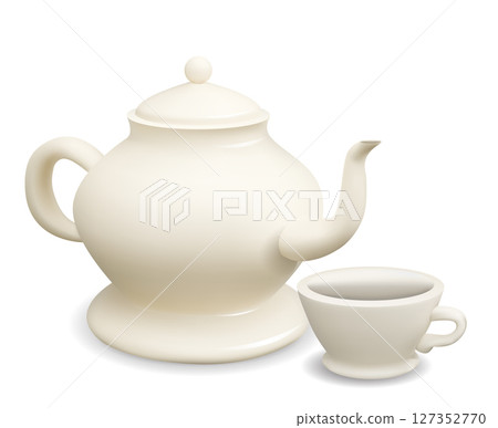 Vector 3d illustration white porcelain teapot with cup on white background. Realistic image of kitchenware. Kettle and cup Vector 3d illustration white porcelain teapot with cup on white background. Realistic image of kitchenware. Kettle and cup 127352770