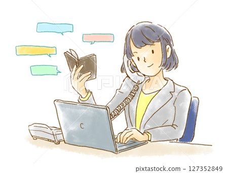 Watercolor illustration of a woman operating a computer while on the phone 127352849