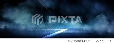 Blue lit asphalt road with white marking in smoke Blue lit asphalt road with white marking in smoke 127352983
