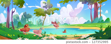 Lake with duck family in forest 127352995