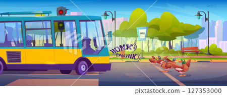 Ducks cross city road while bus blares loud honk. 127353000
