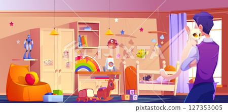 Man holding white cat in colorful kid nursery 127353005