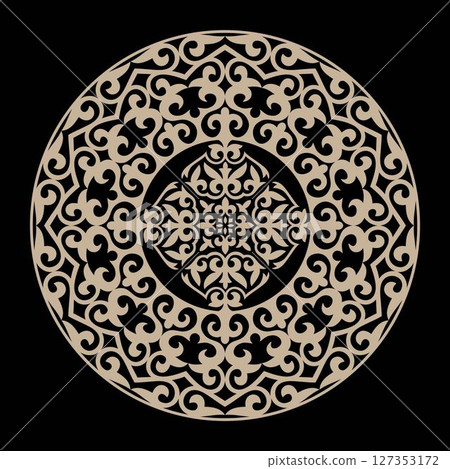 Golden lace round frame plate. Traditional round Turkic ornament. Oriental gold round pattern with arabesques. For ceramic, embroidery, sandblasting, laser. Islam, Indian, Ottoman motif 127353172
