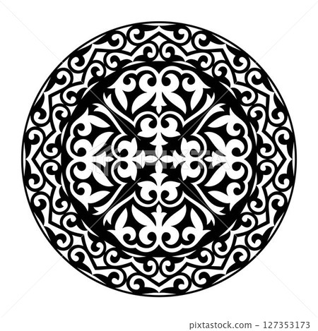 Traditional round Turkic ornament. Round Ornament Pattern. Kazakh national ornament. Islam, Arabic, Indian, ottoman motifs. Vintage decorative elements. For ceramic, embroidery, sandblasting, laser Traditional round Turkic ornament. Round Ornament Pattern. Kazakh national ornament. Islam, Arabic, Indian, ottoman motifs. Vintage decorative elements. For ceramic, embroidery, sandblasting, laser 127353173