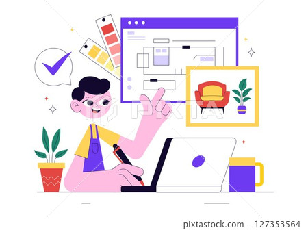 Interior Designer Vector Illustration Featuring a Professional Decorator Planning the Design of a Room, Choosing Wall Colors and Furniture Style 127353564