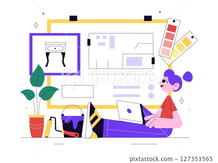 Interior Designer Vector Illustration Featuring a Professional Decorator Planning the Design of a Room, Choosing Wall Colors and Furniture Style 127353565