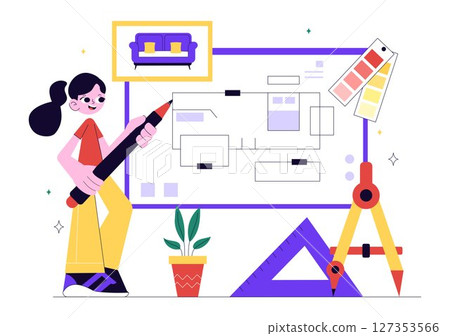 Interior Designer Vector Illustration Featuring a Professional Decorator Planning the Design of a Room, Choosing Wall Colors and Furniture Style Interior Designer Vector Illustration Featuring a Professional Decorator Planning the Design of a Room, Choosing Wall Colors and Furniture Style 127353566