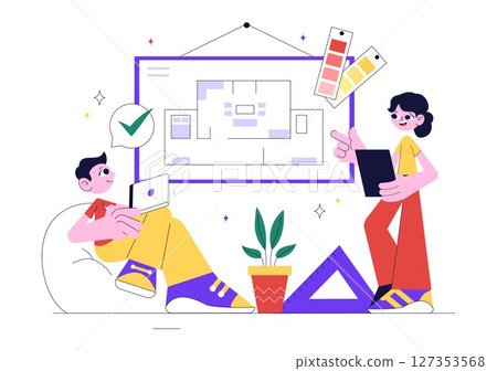 Interior Designer Vector Illustration Featuring a Professional Decorator Planning the Design of a Room, Choosing Wall Colors and Furniture Style Interior Designer Vector Illustration Featuring a Professional Decorator Planning the Design of a Room, Choosing Wall Colors and Furniture Style 127353568