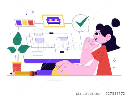 Interior Designer Vector Illustration Featuring a Professional Decorator Planning the Design of a Room, Choosing Wall Colors and Furniture Style 127353572