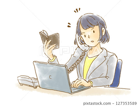 Illustration of a woman with a serious expression having a meeting on the phone 127353589
