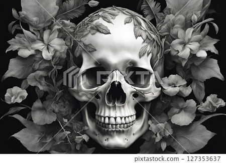 3D頭骨與花朵深色背景圖 3D頭骨與花朵深色背景圖 127353637
