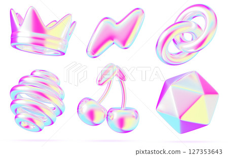 Y2K holographic 3d shape set. Iridescent crown, lightning, chain, spiral sphere, cherry, polygon with bright neon metal gradient of liquid chrome. Render abstract inflatable elements. 3D illustration Y2K holographic 3d shape set. Iridescent crown, lightning, chain, spiral sphere, cherry, polygon with bright neon metal gradient of liquid chrome. Render abstract inflatable elements. 3D illustration 127353643
