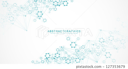 Modern scientific background with hexagons, lines and dots. Wave flow abstract background. Molecular structure for medical, technology, chemistry, science. Vector illustration Modern scientific background with hexagons, lines and dots. Wave flow abstract background. Molecular structure for medical, technology, chemistry, science. Vector illustration 127353679