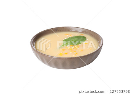 PNG, corn soup in a plate, isolated on white background. PNG, corn soup in a plate, isolated on white background. 127353798