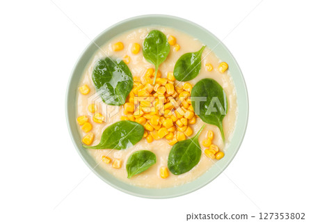 PNG, corn soup in a salad plate, isolated on white background. PNG, corn soup in a salad plate, isolated on white background. 127353802