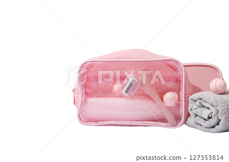 Clear pink bag with beauty items, isolated on white background Clear pink bag with beauty items, isolated on white background 127353814