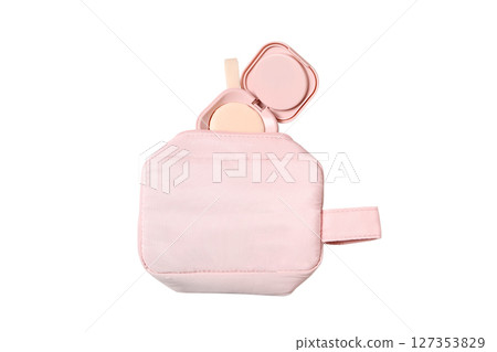 Pink makeup case with powder and applicator, isolated on white 127353829