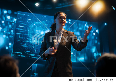 A woman is speaking on stage A woman is speaking on stage 127353956