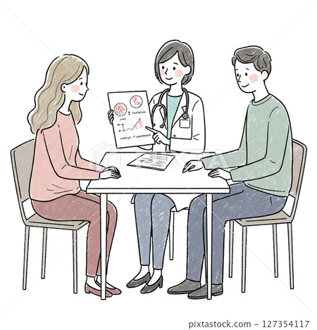 Couple receiving explanation from doctor, pregnancy, infertility treatment 127354117