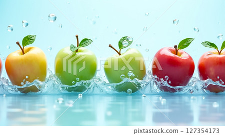 Fresh apples in water create a vibrant display of colors with splashes and reflections 127354173