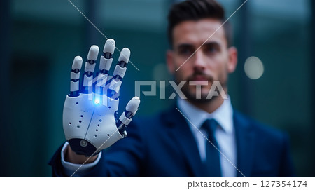 Futuristic man with robotic hand showcasing technology in a modern urban setting during daytime Futuristic man with robotic hand showcasing technology in a modern urban setting during daytime 127354174
