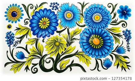 Floral patterns featuring vibrant blue and yellow flowers with intricate designs on a white background Floral patterns featuring vibrant blue and yellow flowers with intricate designs on a white background 127354178