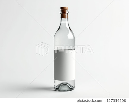 Clear glass bottle with cork stopper and blank label placed on a plain background in a well-lit environment Clear glass bottle with cork stopper and blank label placed on a plain background in a well-lit environment 127354208