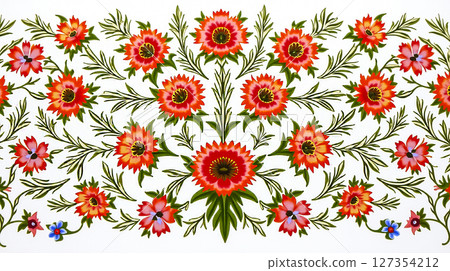 Colorful floral motifs adorn fabric, showcasing intricate design in vibrant hues and detailed artistry Colorful floral motifs adorn fabric, showcasing intricate design in vibrant hues and detailed artistry 127354212
