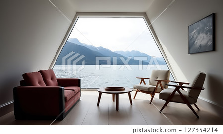 Inviting indoor seating area with stunning lake view through angular windows 127354214