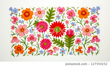 Colorful floral pattern featuring various flowers and leaves on a white background 127354232