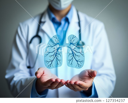 Doctor analyzing virtual lungs during modern healthcare consultation in a clinical environment 127354237
