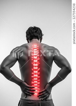 Man experiencing back pain with highlighted spine in a stark black and white setting 127354238