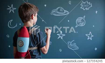 Child with rocket backpack gazing at chalkboard space drawings in cozy indoor setting 127354245