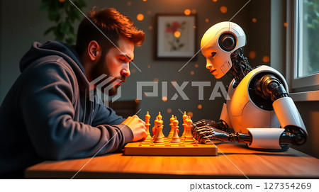 Human and robot competing in a chess match during late afternoon sunlight in a cozy indoor setting Human and robot competing in a chess match during late afternoon sunlight in a cozy indoor setting 127354269