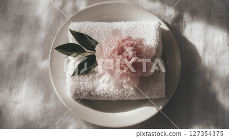 Arrangement of Towel and Pink Flower in Soft Natural Light 127354375