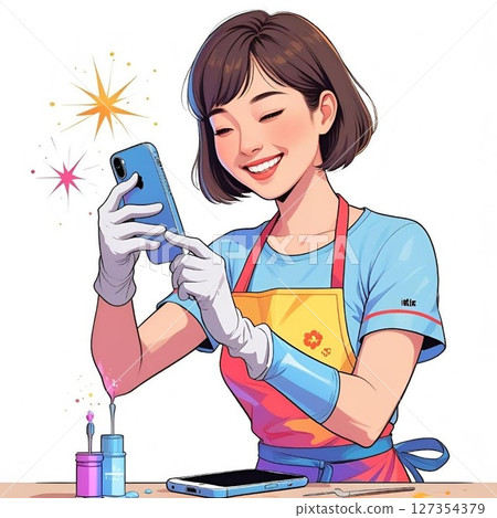 A woman looks at her shiny, coated smartphone with a smile 127354379