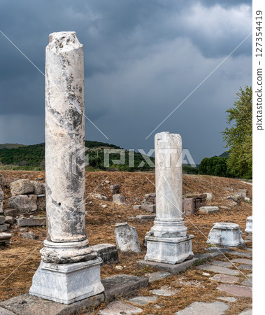 Marble Columns at the Asklepion Ruins under Stormy Sky, Pergamon, Bergama, Turkey 127354419